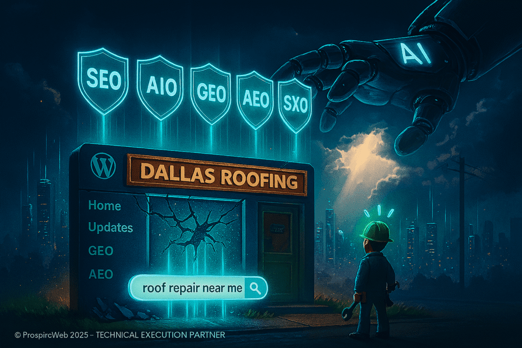 3D CGI showing SEO, AIO, GEO, AEO, SXO shields protecting contractors from AI Overviews.