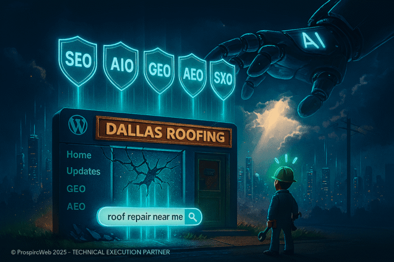 3D CGI showing SEO, AIO, GEO, AEO, SXO shields protecting contractors from AI Overviews.
