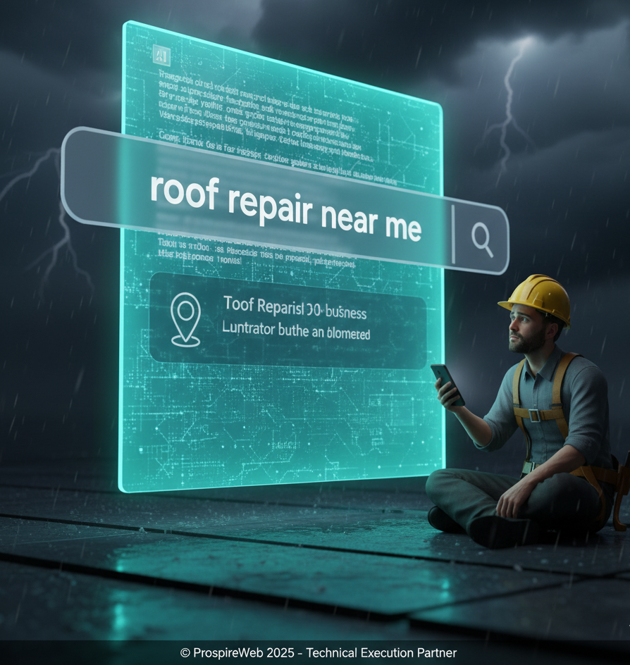 “3D CGI showing AI Overviews blocking local SEO results for roofing contractors in 2025.”