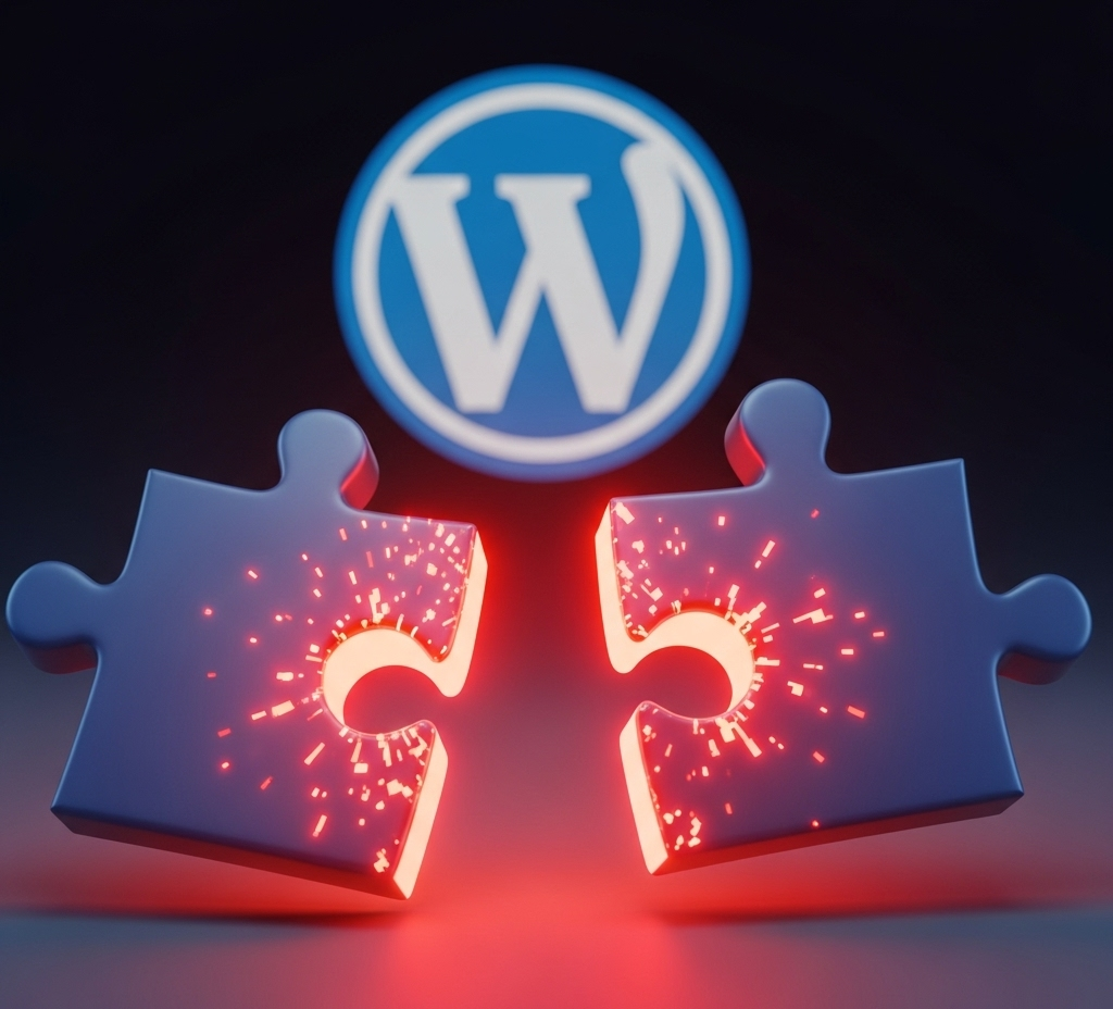 Puzzle pieces not fitting together, glowing red, with WordPress logo in background.